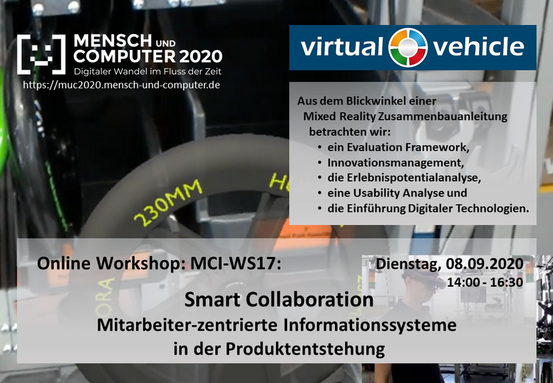 Ein virtuelles Rad eines Rollers im Hintergrund mit der Beschreibung des Workshops "Smart Collaboration" im Vordergrund